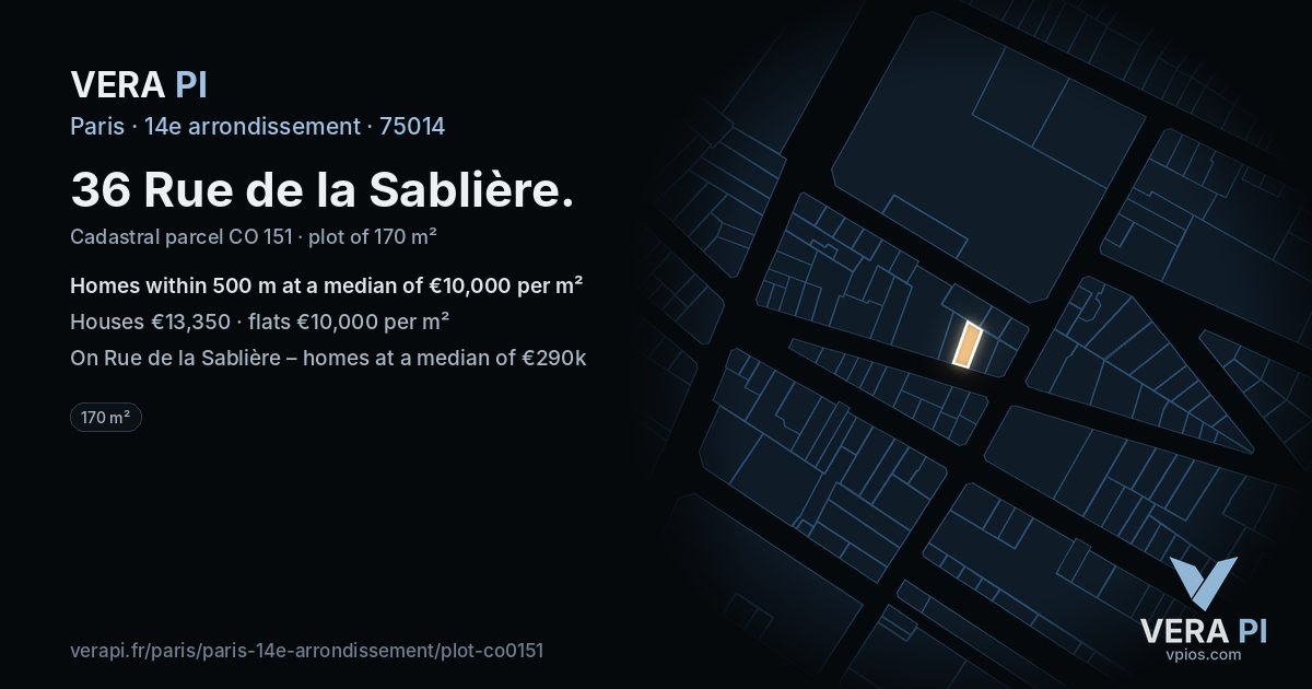 36 Rue de la Sablière, 14e arrondissement at night – the plot lit, the parcels around coloured by the prices near them