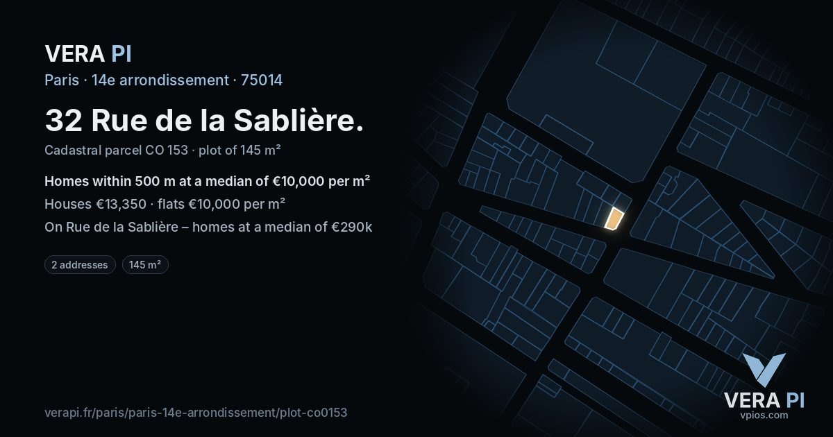 32 Rue de la Sablière, 14e arrondissement at night – the plot lit, the parcels around coloured by the prices near them