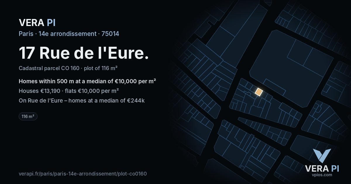 17 Rue de l'Eure, 14e arrondissement at night – the plot lit, the parcels around coloured by the prices near them