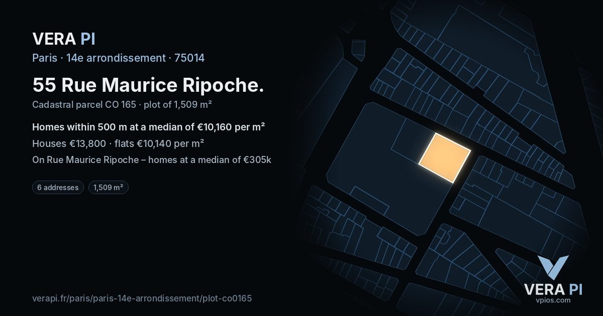 55 Rue Maurice Ripoche, 14e arrondissement at night – the plot lit, the parcels around coloured by the prices near them