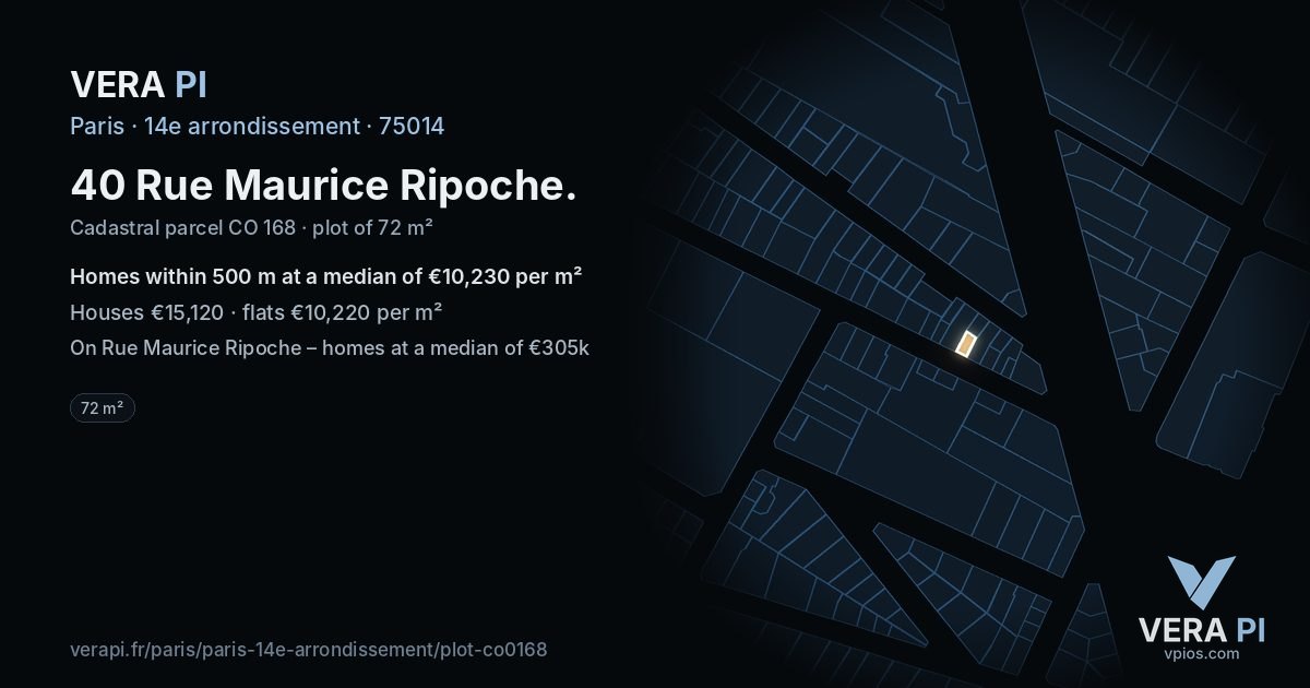 40 Rue Maurice Ripoche, 14e arrondissement at night – the plot lit, the parcels around coloured by the prices near them
