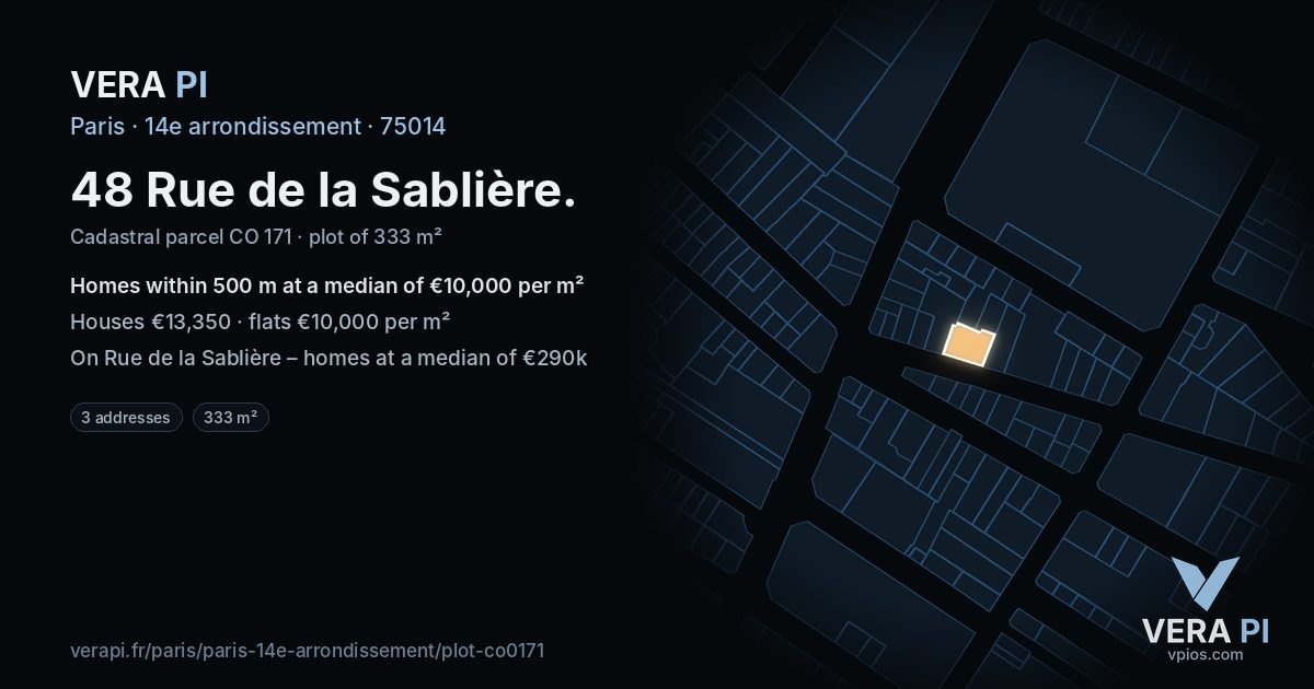 48 Rue de la Sablière, 14e arrondissement at night – the plot lit, the parcels around coloured by the prices near them
