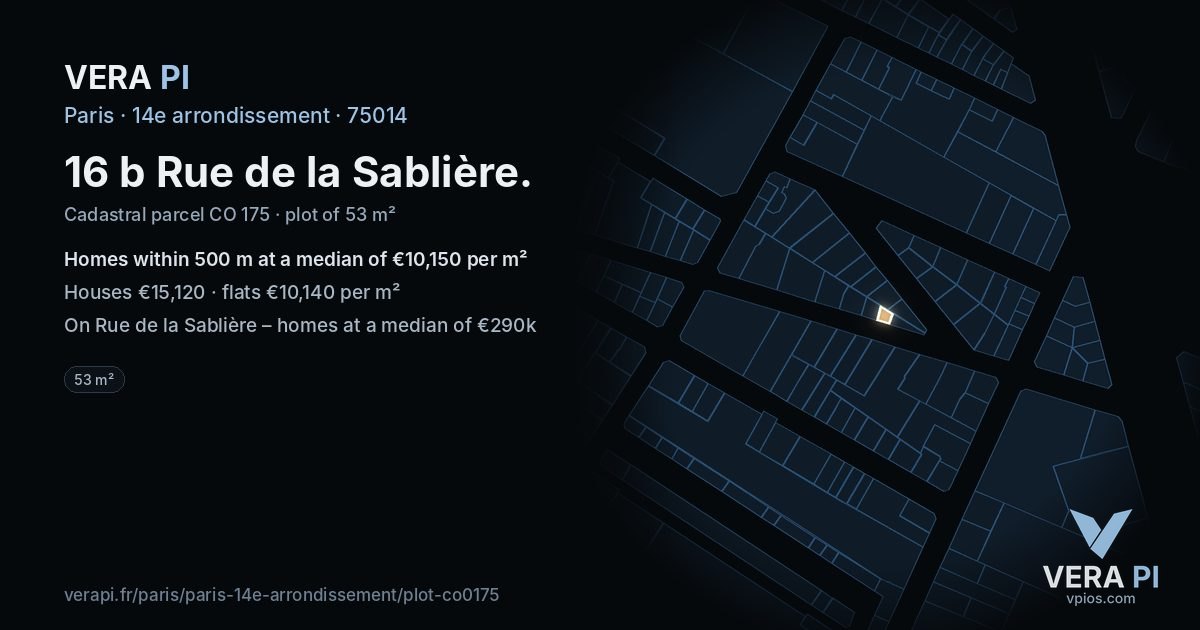 16 b Rue de la Sablière, 14e arrondissement at night – the plot lit, the parcels around coloured by the prices near them