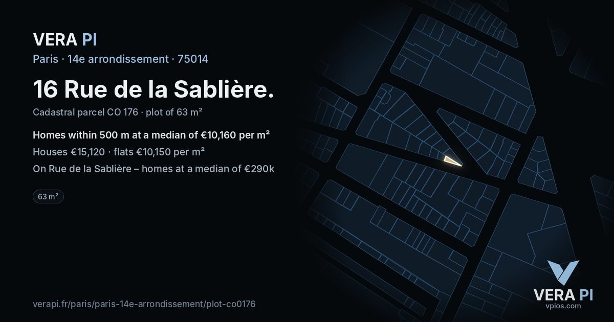 16 Rue de la Sablière, 14e arrondissement at night – the plot lit, the parcels around coloured by the prices near them