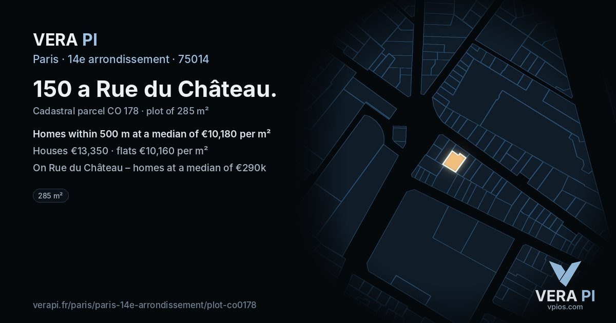 150 a Rue du Château, 14e arrondissement at night – the plot lit, the parcels around coloured by the prices near them