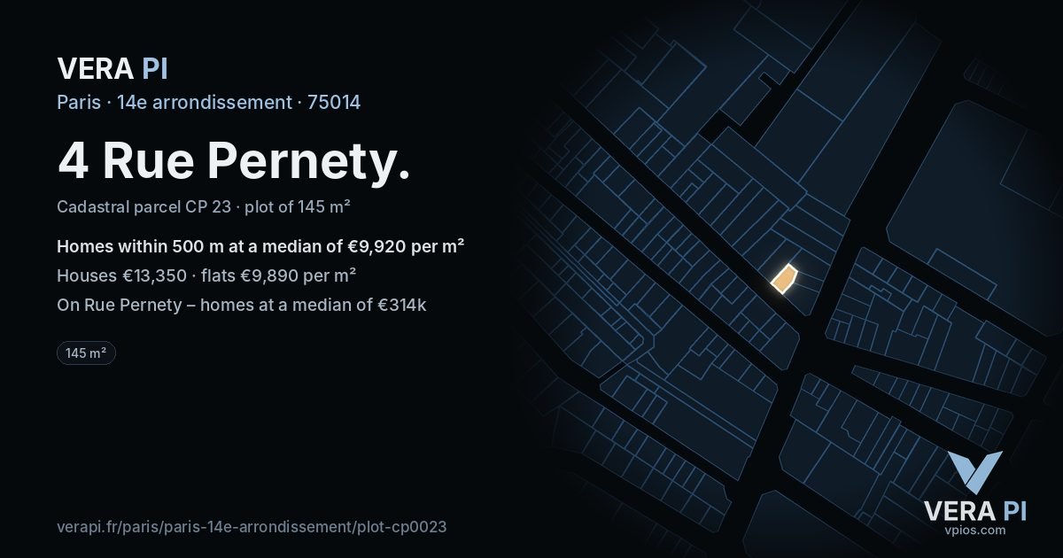 4 Rue Pernety, 14e arrondissement at night – the plot lit, the parcels around coloured by the prices near them