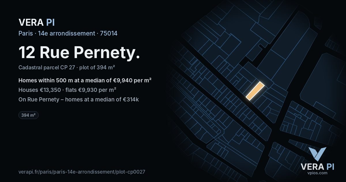 12 Rue Pernety, 14e arrondissement at night – the plot lit, the parcels around coloured by the prices near them
