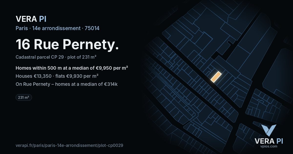 16 Rue Pernety, 14e arrondissement at night – the plot lit, the parcels around coloured by the prices near them