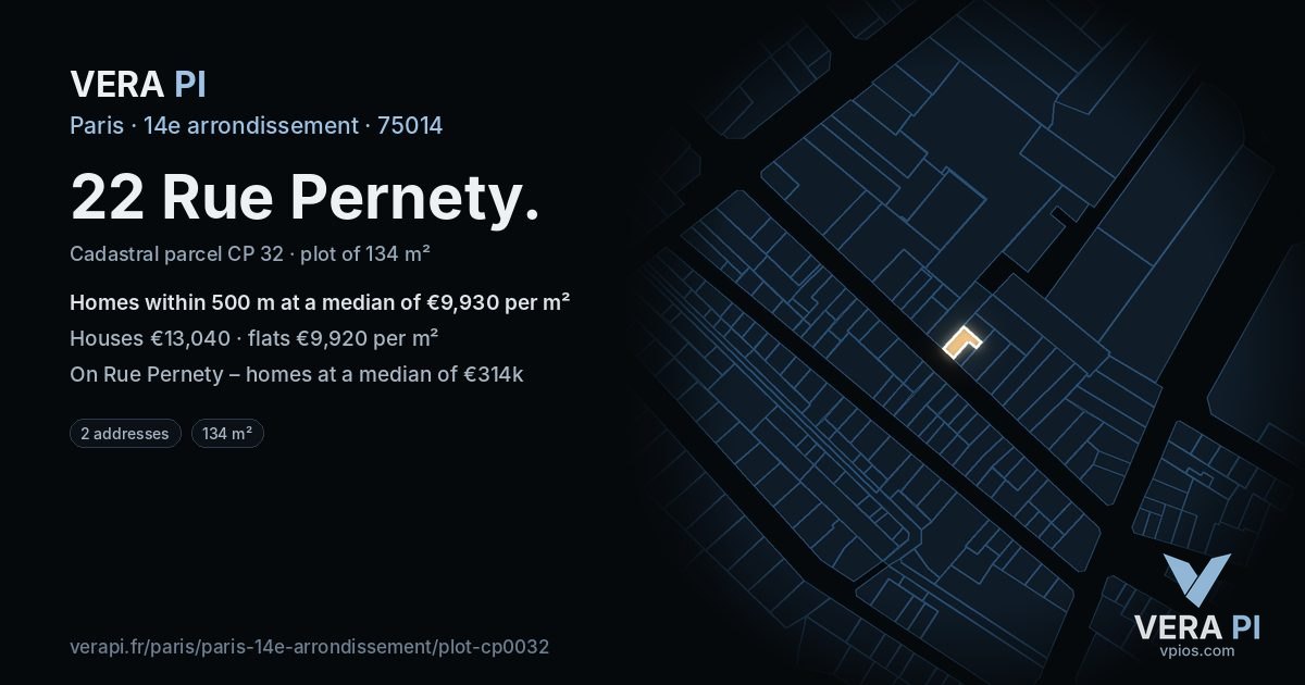 22 Rue Pernety, 14e arrondissement at night – the plot lit, the parcels around coloured by the prices near them