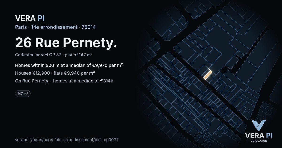 26 Rue Pernety, 14e arrondissement at night – the plot lit, the parcels around coloured by the prices near them
