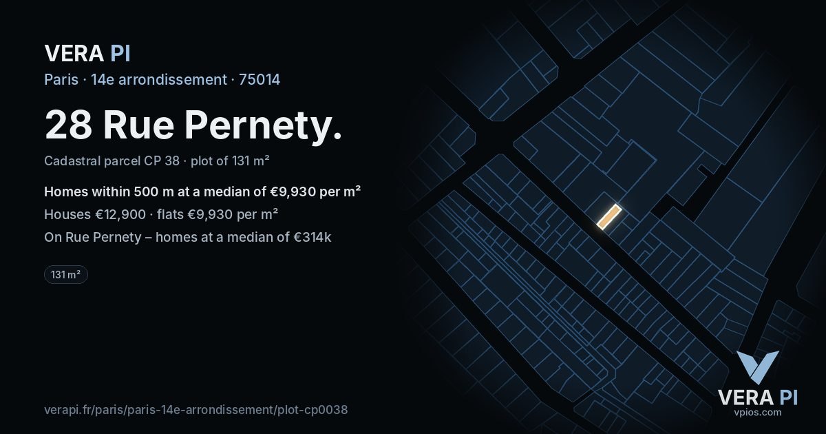 28 Rue Pernety, 14e arrondissement at night – the plot lit, the parcels around coloured by the prices near them