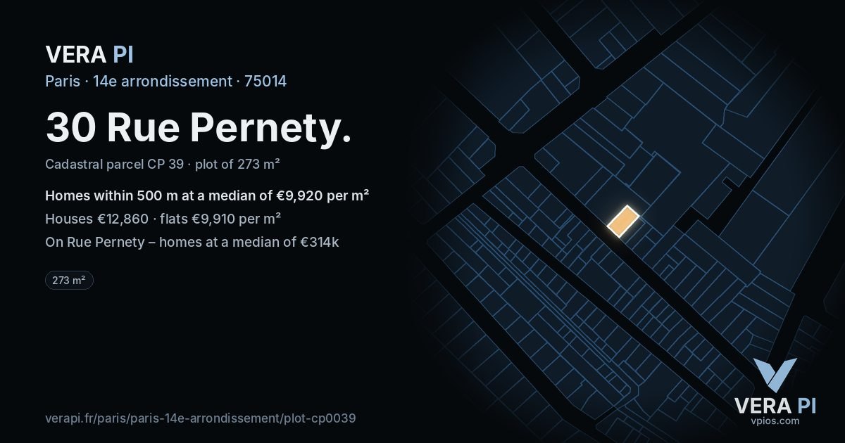 30 Rue Pernety, 14e arrondissement at night – the plot lit, the parcels around coloured by the prices near them