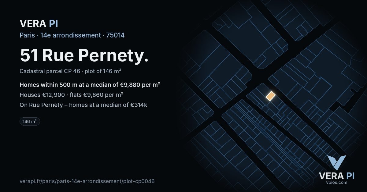 51 Rue Pernety, 14e arrondissement at night – the plot lit, the parcels around coloured by the prices near them