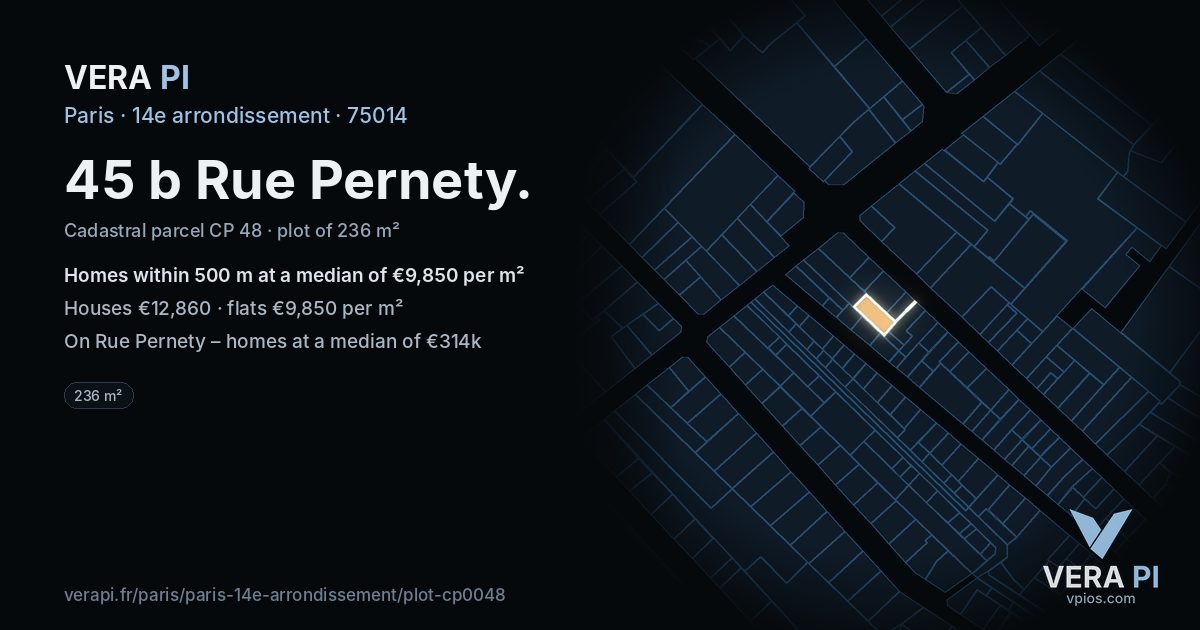 45 b Rue Pernety, 14e arrondissement at night – the plot lit, the parcels around coloured by the prices near them
