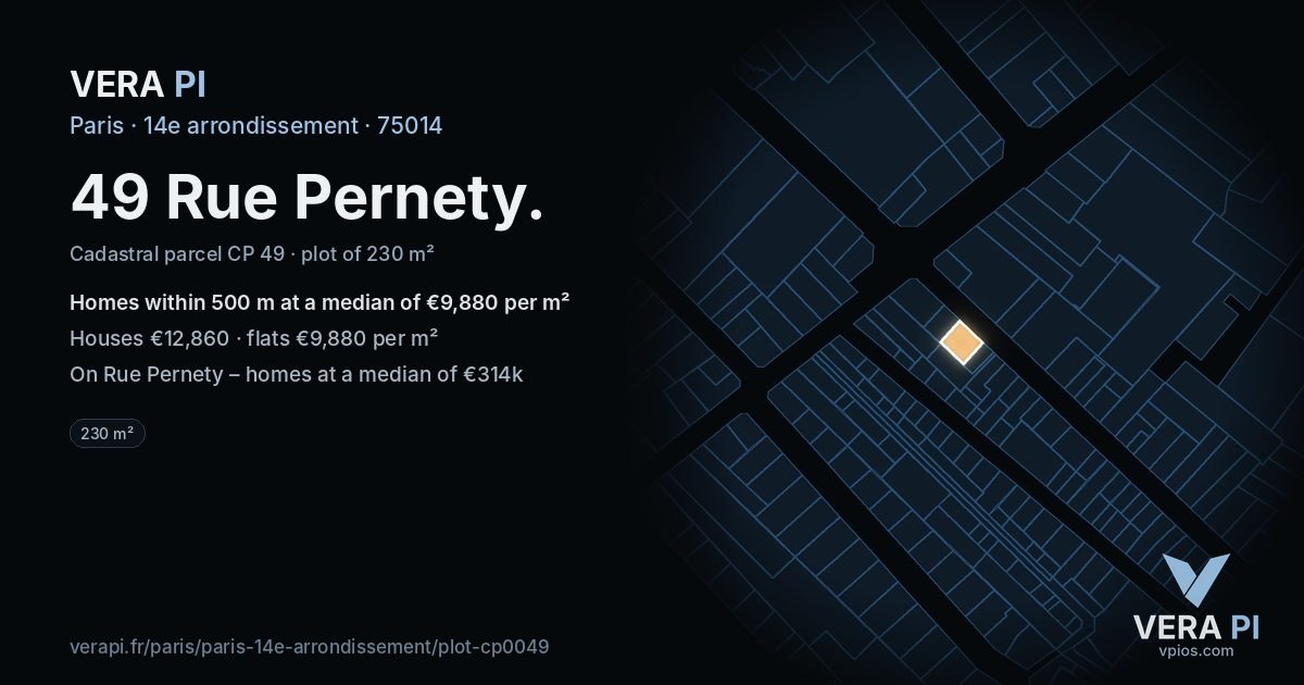 49 Rue Pernety, 14e arrondissement at night – the plot lit, the parcels around coloured by the prices near them