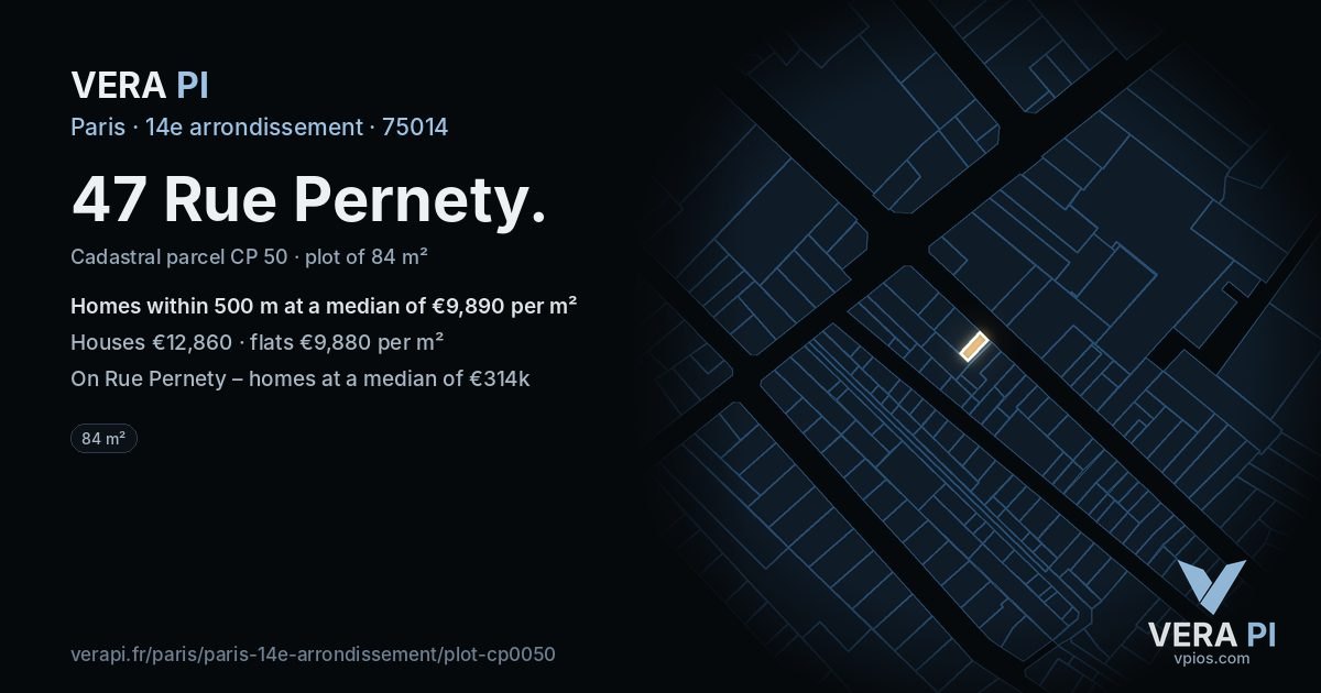47 Rue Pernety, 14e arrondissement at night – the plot lit, the parcels around coloured by the prices near them