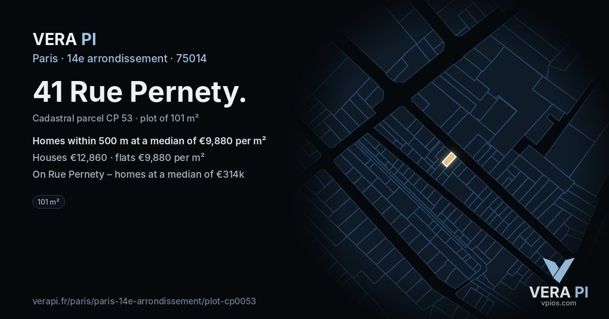 41 Rue Pernety, 14e arrondissement at night – the plot lit, the parcels around coloured by the prices near them
