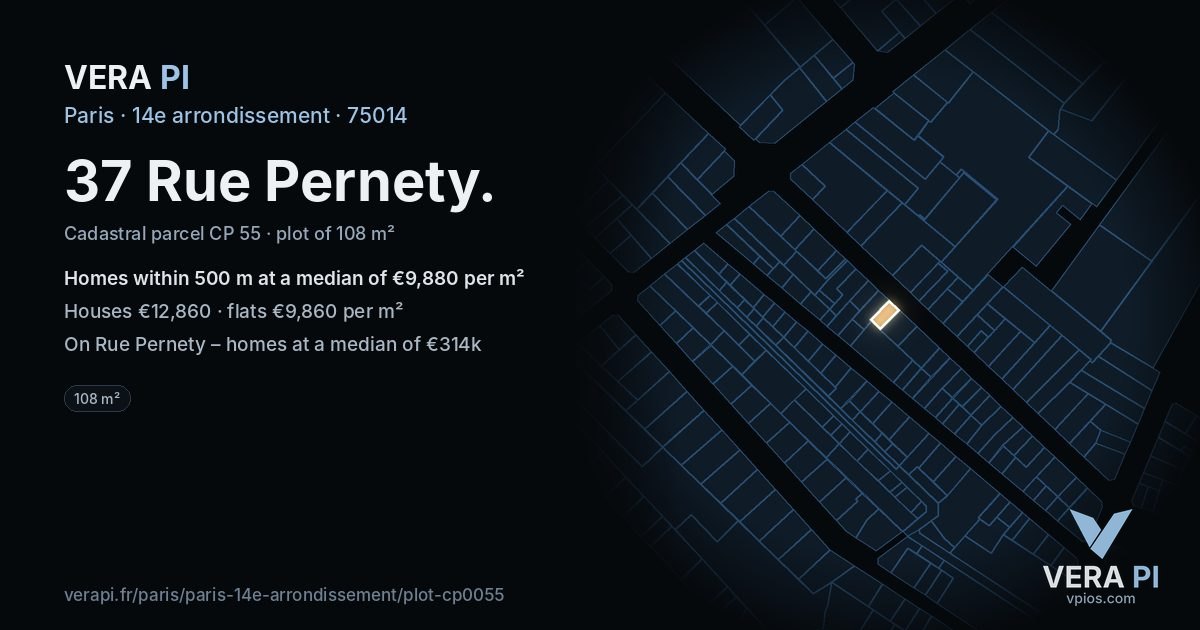 37 Rue Pernety, 14e arrondissement at night – the plot lit, the parcels around coloured by the prices near them