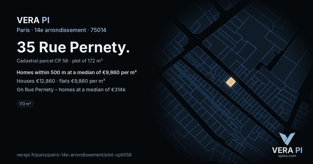 35 Rue Pernety, 14e arrondissement at night – the plot lit, the parcels around coloured by the prices near them