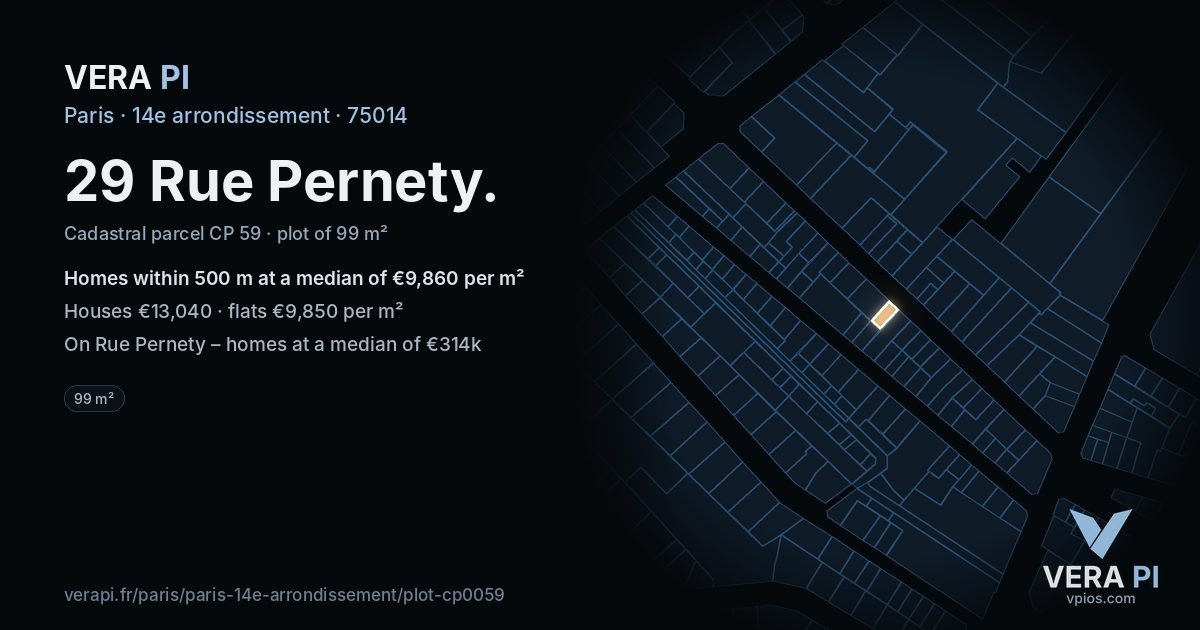29 Rue Pernety, 14e arrondissement at night – the plot lit, the parcels around coloured by the prices near them