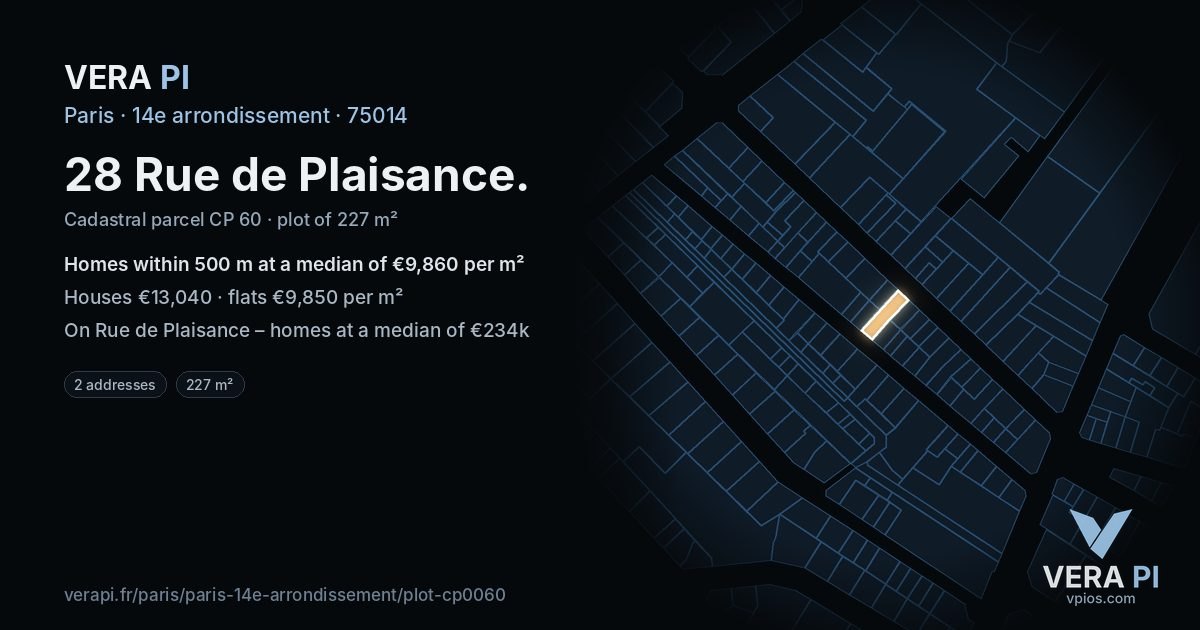 28 Rue de Plaisance, 14e arrondissement at night – the plot lit, the parcels around coloured by the prices near them