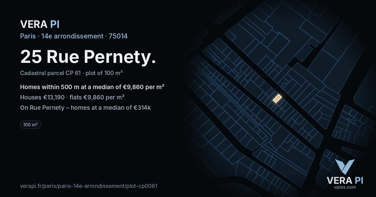25 Rue Pernety, 14e arrondissement at night – the plot lit, the parcels around coloured by the prices near them