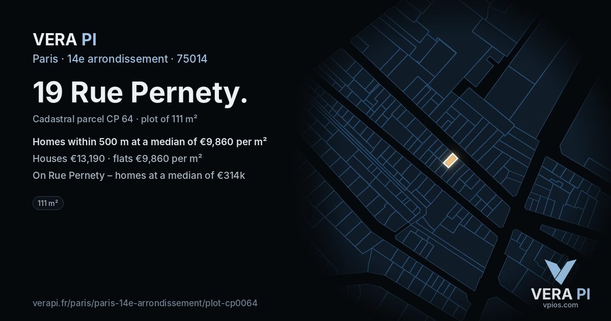 19 Rue Pernety, 14e arrondissement at night – the plot lit, the parcels around coloured by the prices near them