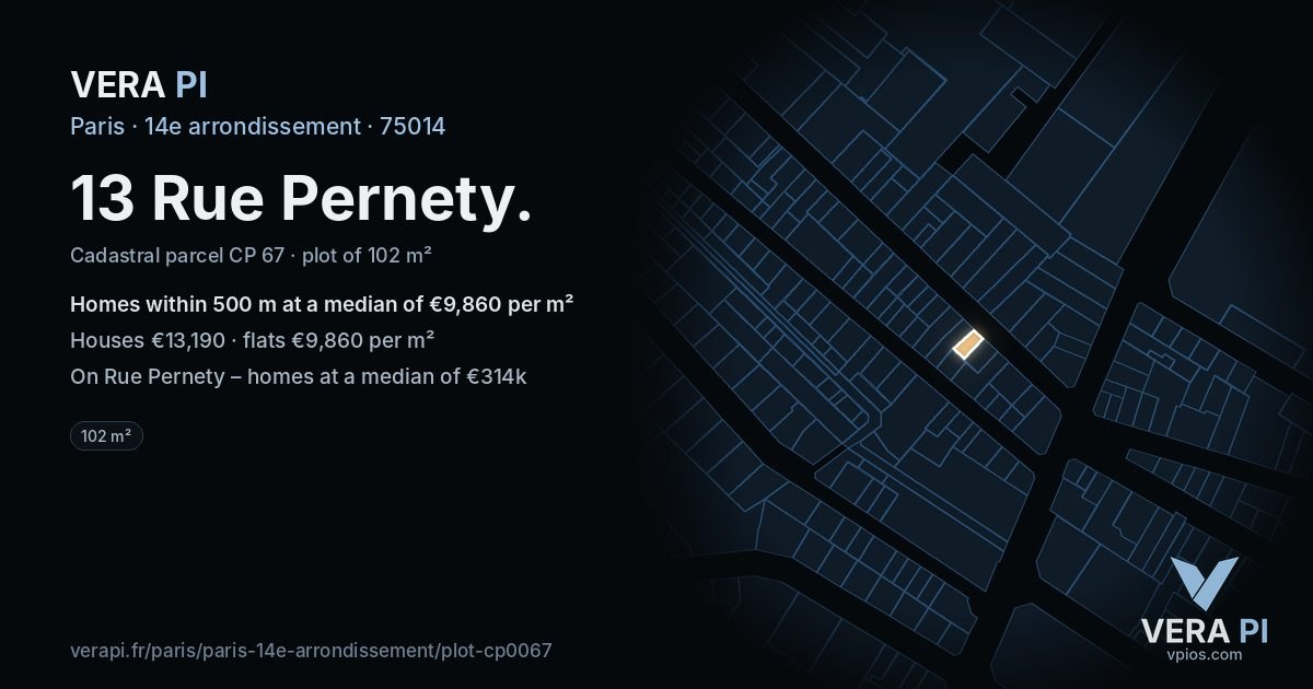 13 Rue Pernety, 14e arrondissement at night – the plot lit, the parcels around coloured by the prices near them