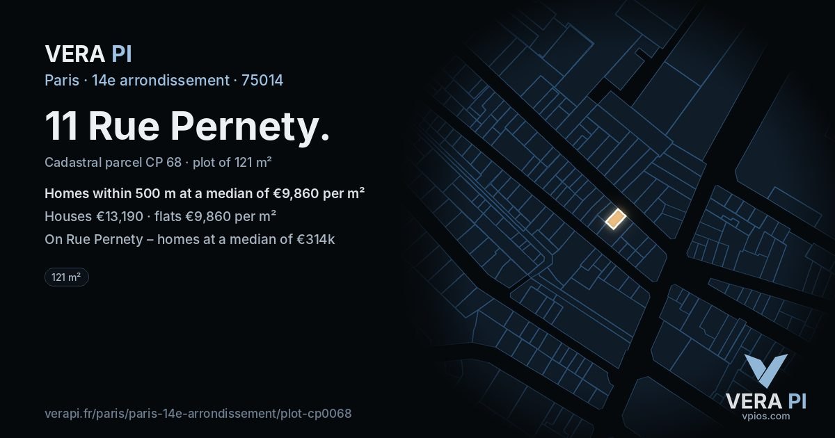 11 Rue Pernety, 14e arrondissement at night – the plot lit, the parcels around coloured by the prices near them