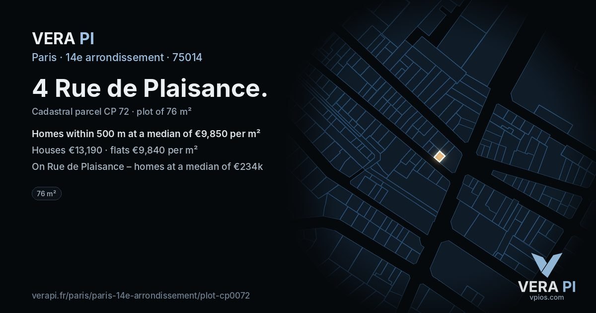 4 Rue de Plaisance, 14e arrondissement at night – the plot lit, the parcels around coloured by the prices near them