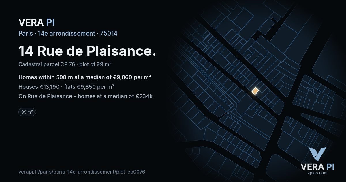 14 Rue de Plaisance, 14e arrondissement at night – the plot lit, the parcels around coloured by the prices near them