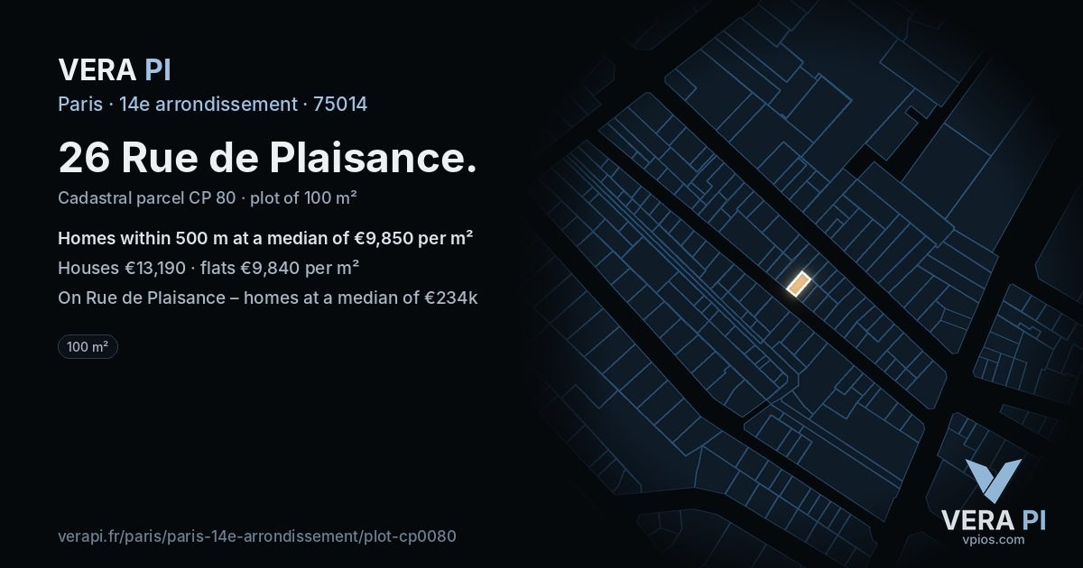 26 Rue de Plaisance, 14e arrondissement at night – the plot lit, the parcels around coloured by the prices near them
