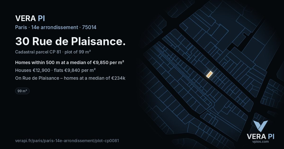 30 Rue de Plaisance, 14e arrondissement at night – the plot lit, the parcels around coloured by the prices near them