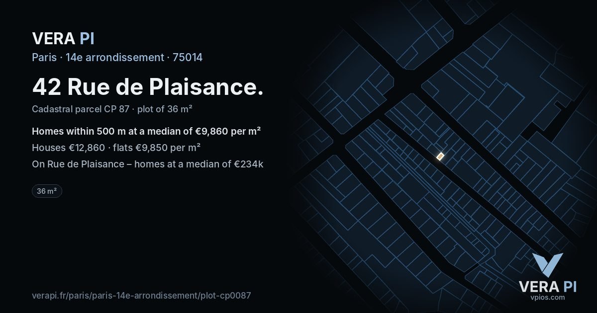 42 Rue de Plaisance, 14e arrondissement at night – the plot lit, the parcels around coloured by the prices near them
