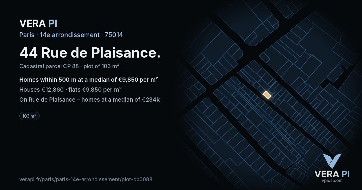 44 Rue de Plaisance, 14e arrondissement at night – the plot lit, the parcels around coloured by the prices near them