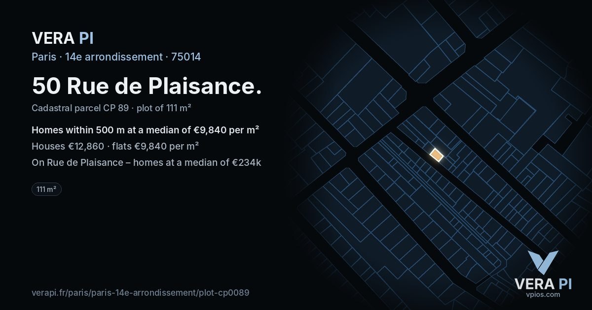 50 Rue de Plaisance, 14e arrondissement at night – the plot lit, the parcels around coloured by the prices near them