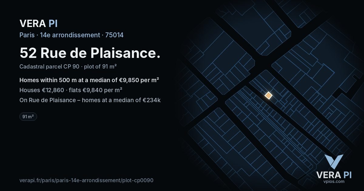 52 Rue de Plaisance, 14e arrondissement at night – the plot lit, the parcels around coloured by the prices near them