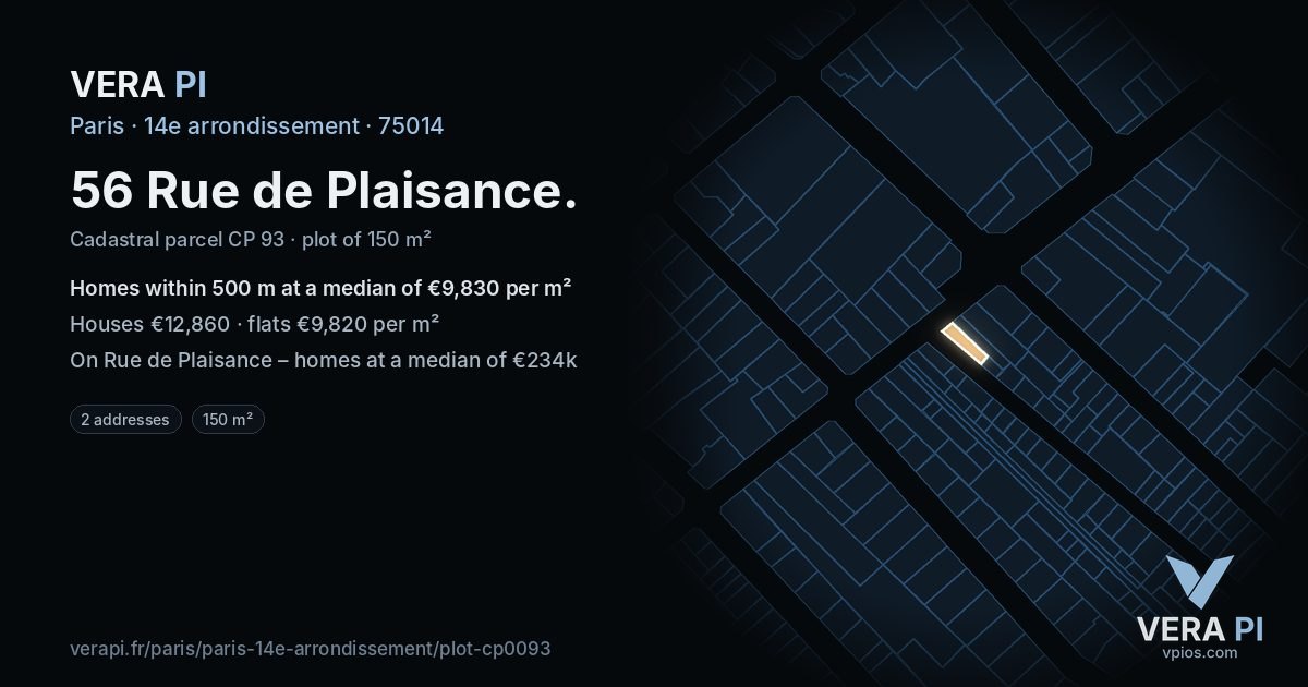 56 Rue de Plaisance, 14e arrondissement at night – the plot lit, the parcels around coloured by the prices near them