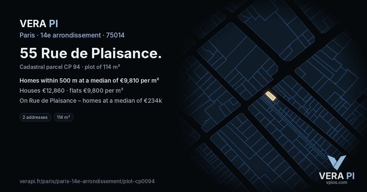 55 Rue de Plaisance, 14e arrondissement at night – the plot lit, the parcels around coloured by the prices near them