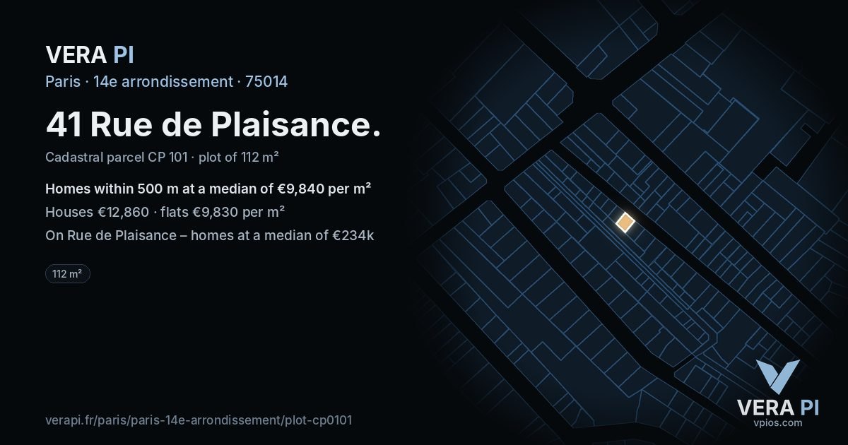 41 Rue de Plaisance, 14e arrondissement at night – the plot lit, the parcels around coloured by the prices near them