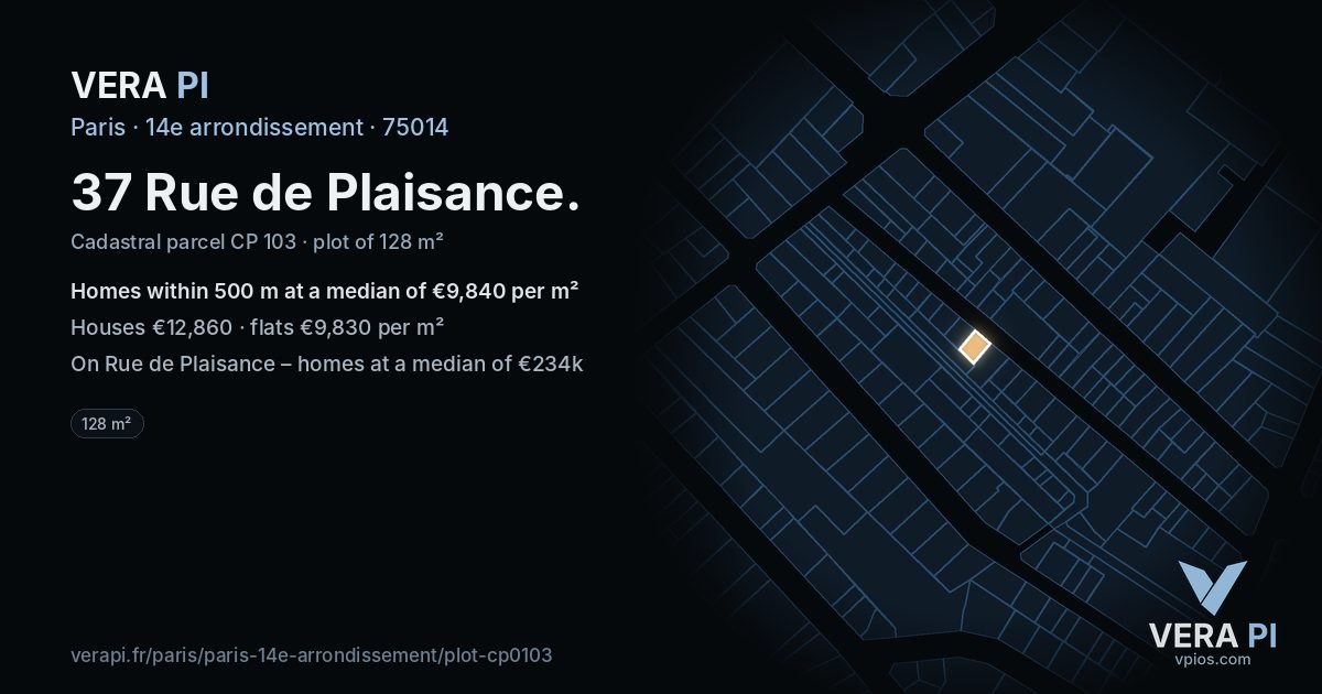 37 Rue de Plaisance, 14e arrondissement at night – the plot lit, the parcels around coloured by the prices near them
