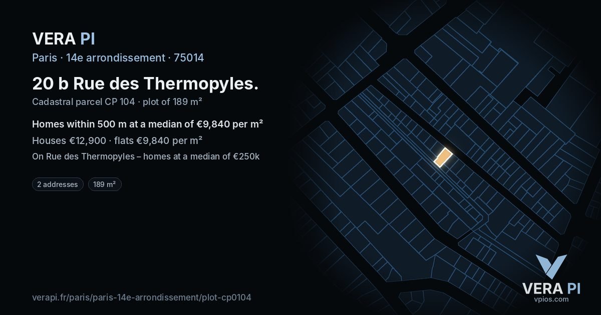 20 b Rue des Thermopyles, 14e arrondissement at night – the plot lit, the parcels around coloured by the prices near them