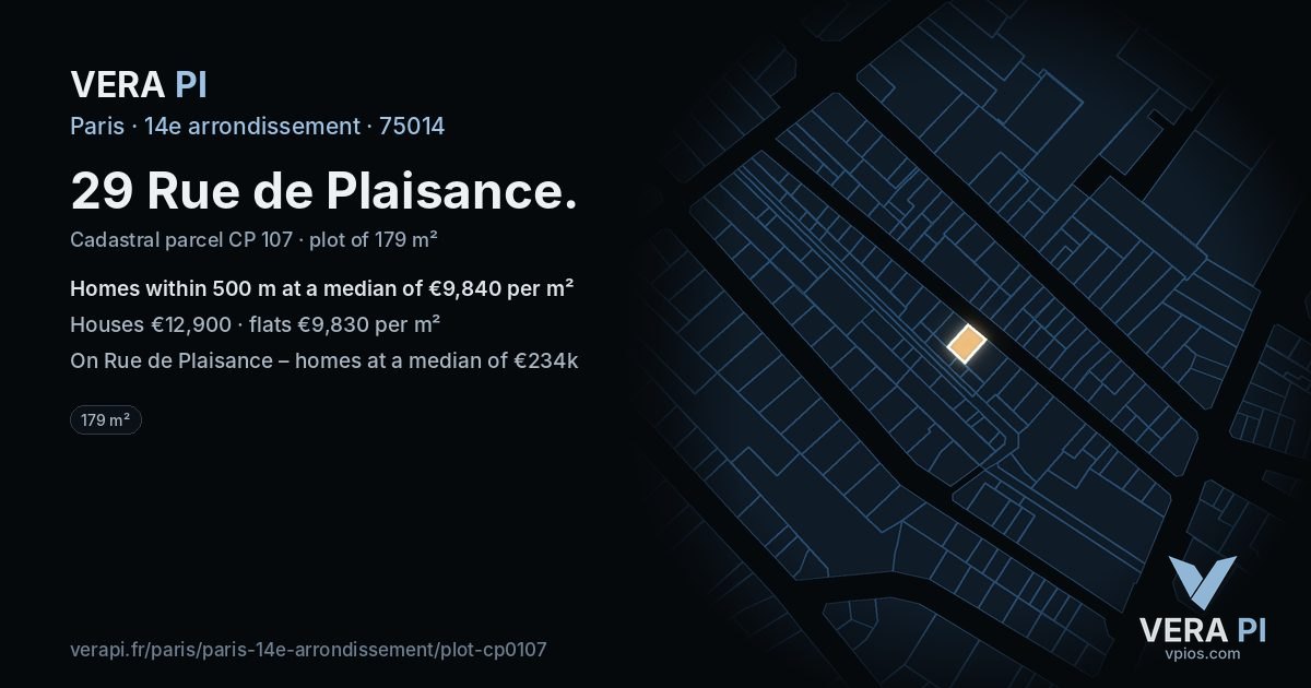 29 Rue de Plaisance, 14e arrondissement at night – the plot lit, the parcels around coloured by the prices near them