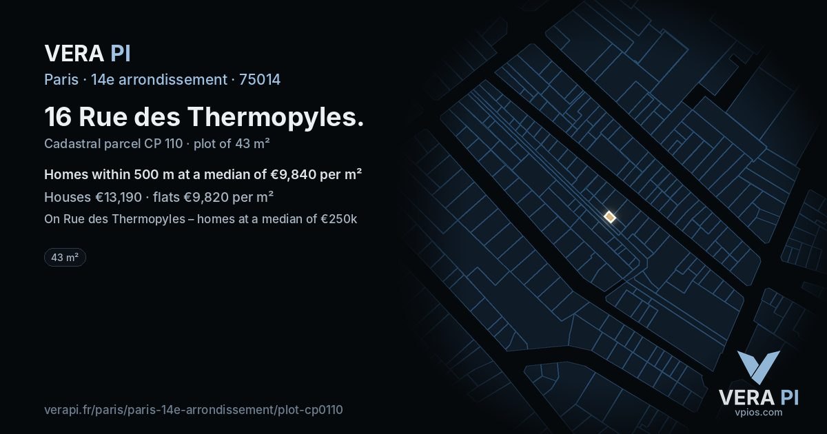16 Rue des Thermopyles, 14e arrondissement at night – the plot lit, the parcels around coloured by the prices near them