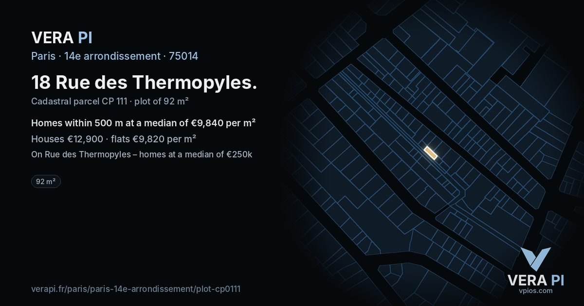 18 Rue des Thermopyles, 14e arrondissement at night – the plot lit, the parcels around coloured by the prices near them