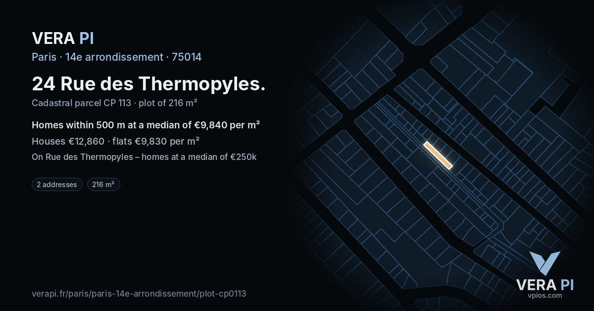 24 Rue des Thermopyles, 14e arrondissement at night – the plot lit, the parcels around coloured by the prices near them