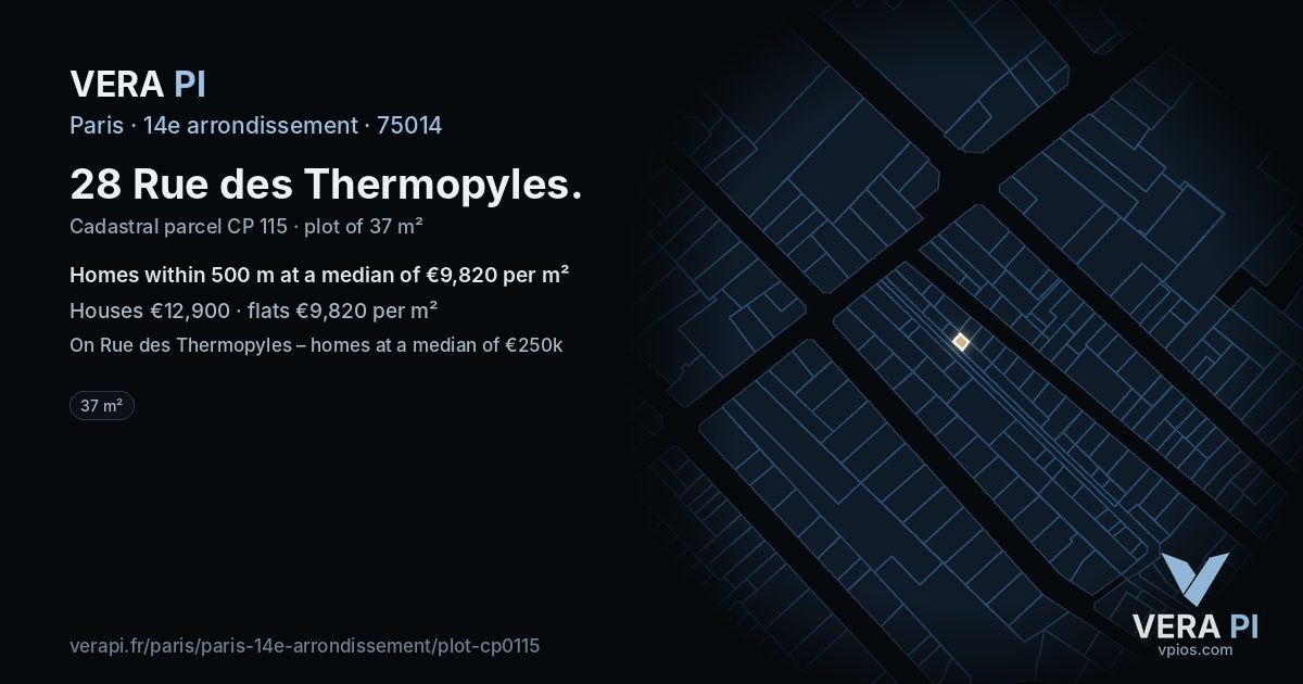 28 Rue des Thermopyles, 14e arrondissement at night – the plot lit, the parcels around coloured by the prices near them