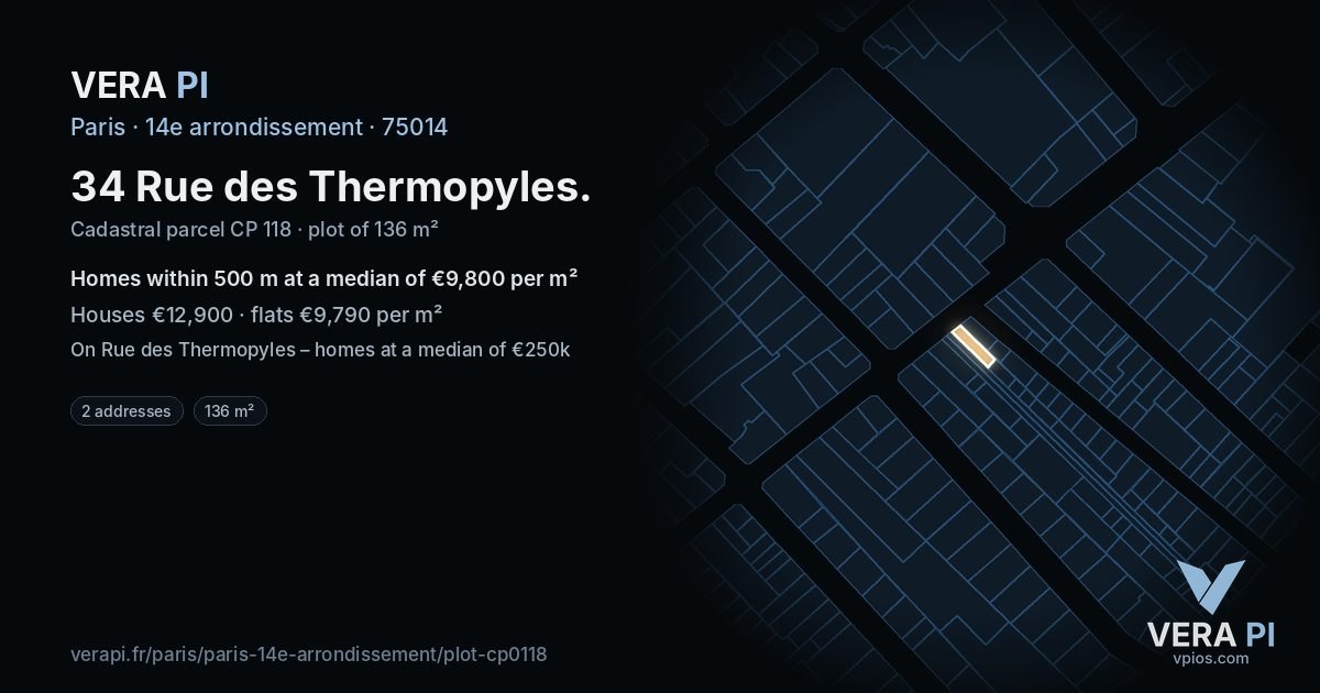 34 Rue des Thermopyles, 14e arrondissement at night – the plot lit, the parcels around coloured by the prices near them