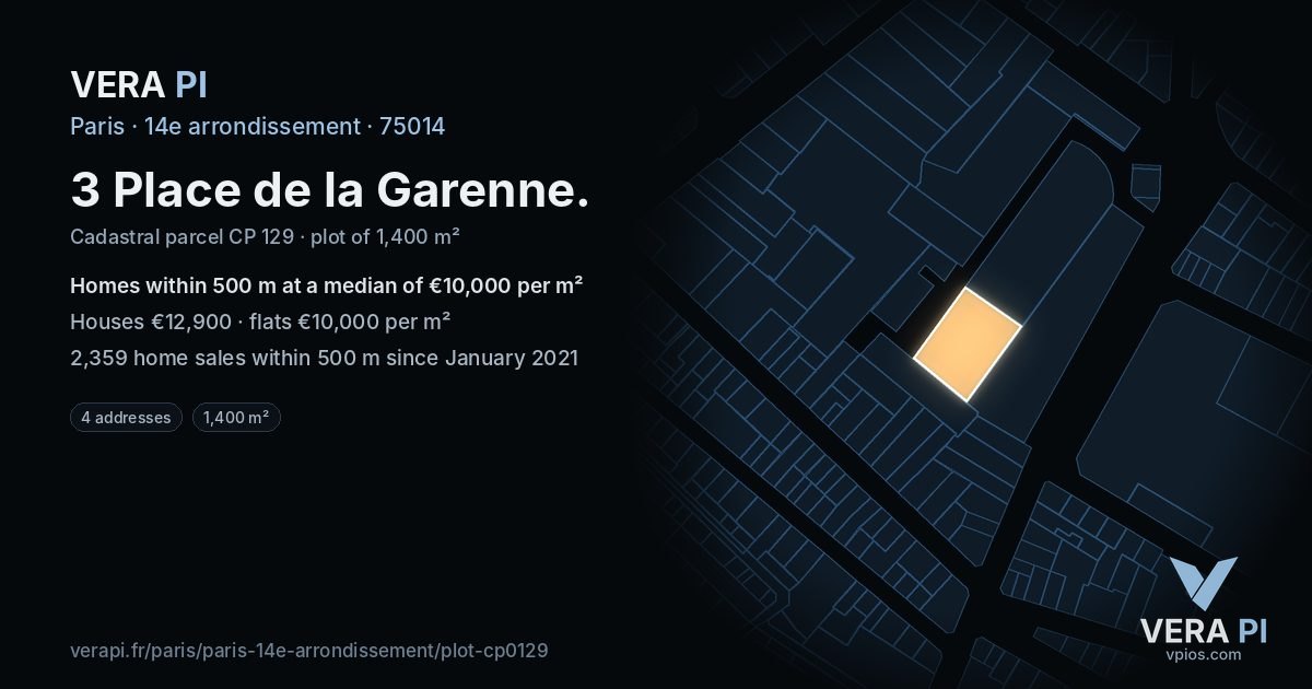 3 Place de la Garenne, 14e arrondissement at night – the plot lit, the parcels around coloured by the prices near them