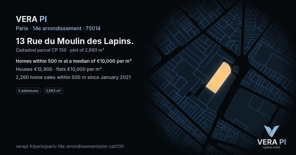 13 Rue du Moulin des Lapins, 14e arrondissement at night – the plot lit, the parcels around coloured by the prices near them